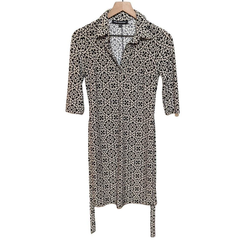 Mlle Gabrielle Dress Womens PS Black Gray Geometric 3/4 Sleeve Shift Belted Boho